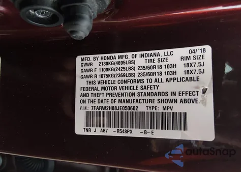 2018 Honda Cr-V Ex-L/Ex-L Navi from USA, damaged, VIN 7FARW2H88JE050602